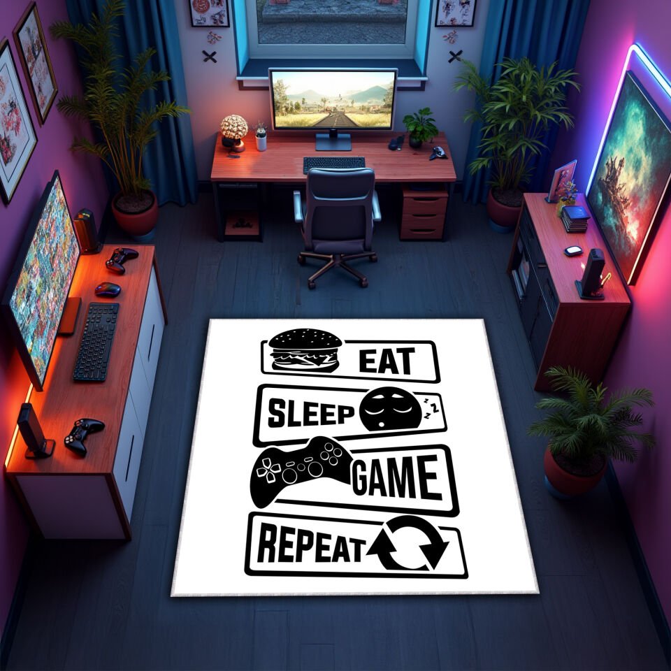 Eat Sleep Game Repeat Gaming Rug – Modern White Gamer Carpet for Game Rooms