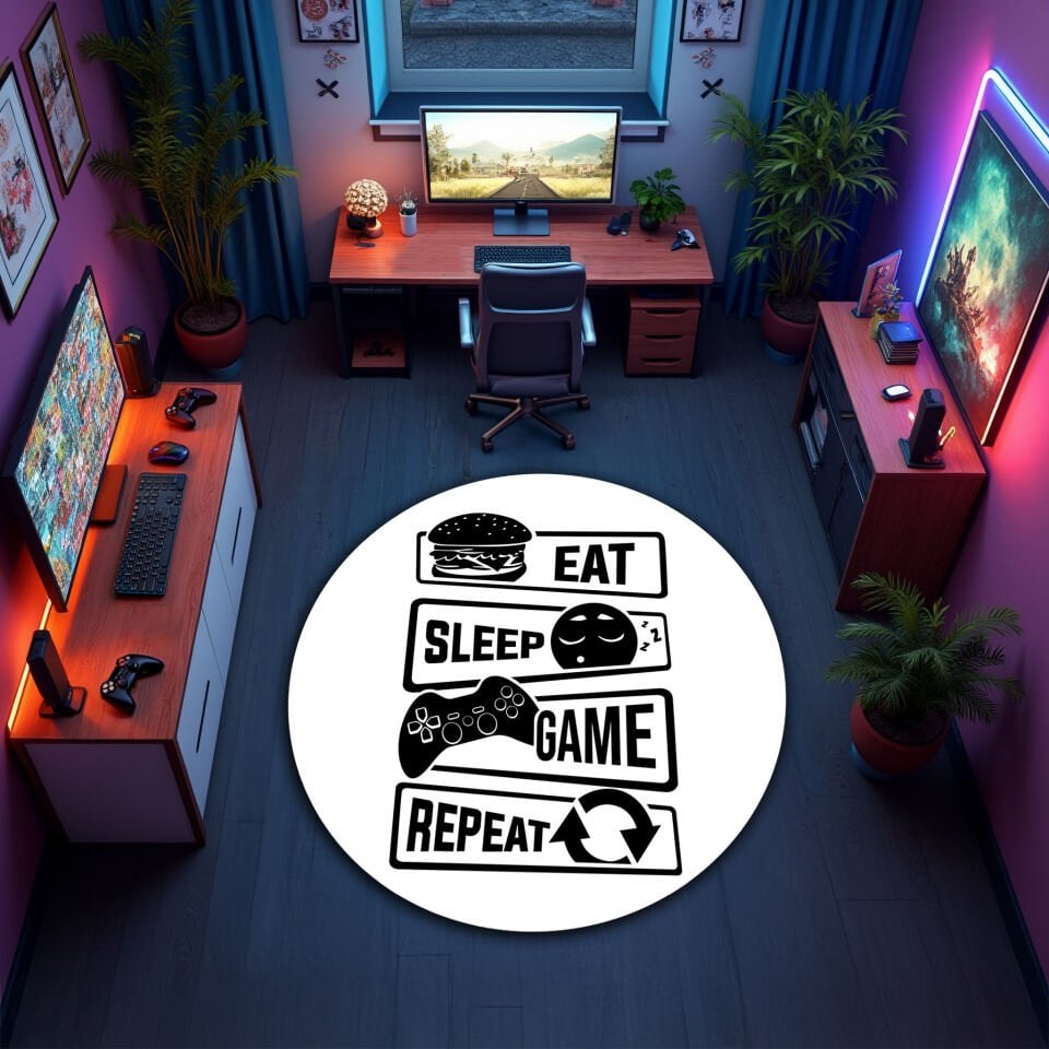 Eat Sleep Game Repeat Gaming Rug – Modern White Gamer Carpet for Game Rooms