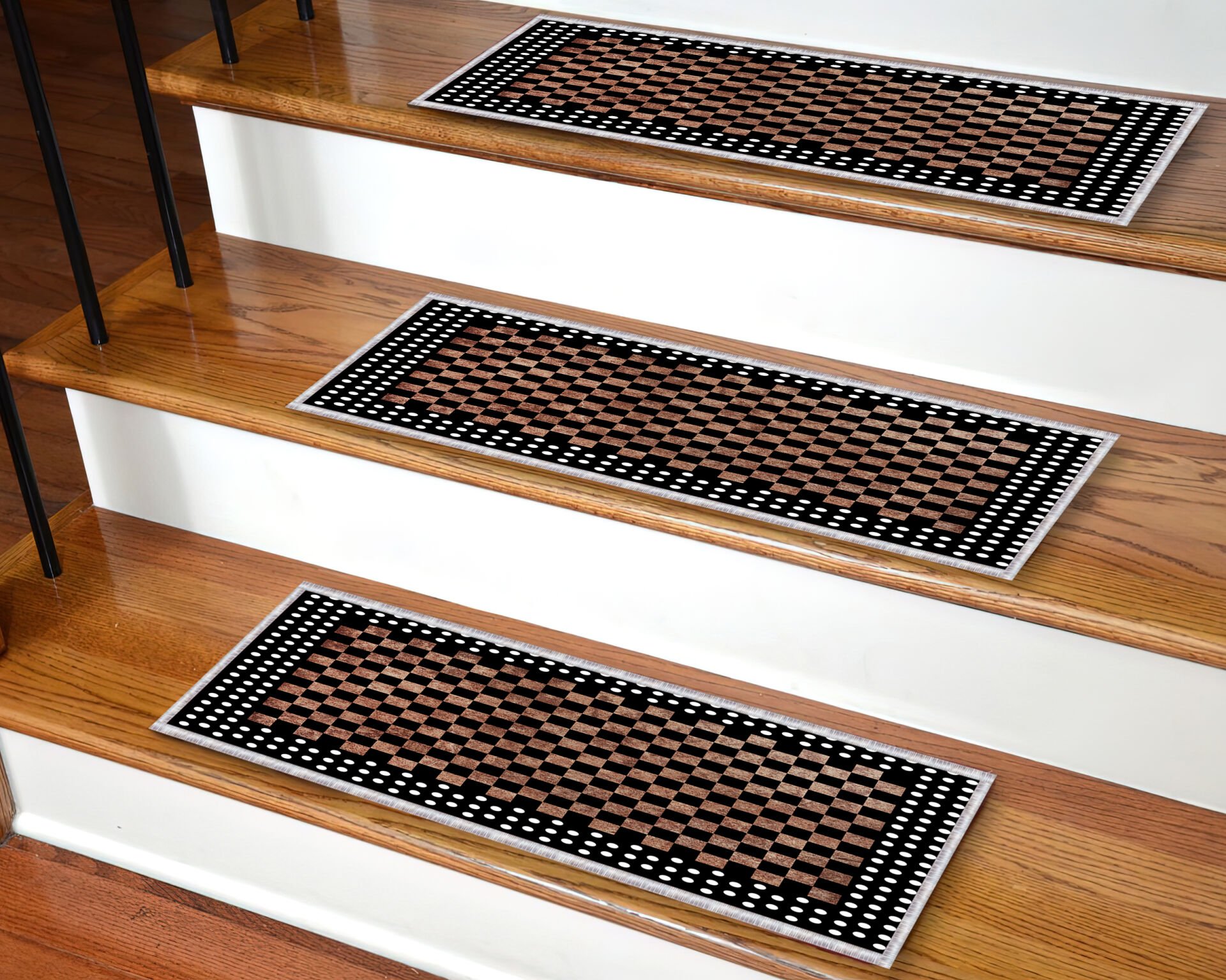 Black & Brown Checkered Stair Treads – Non-Slip Decorative Stair Mats