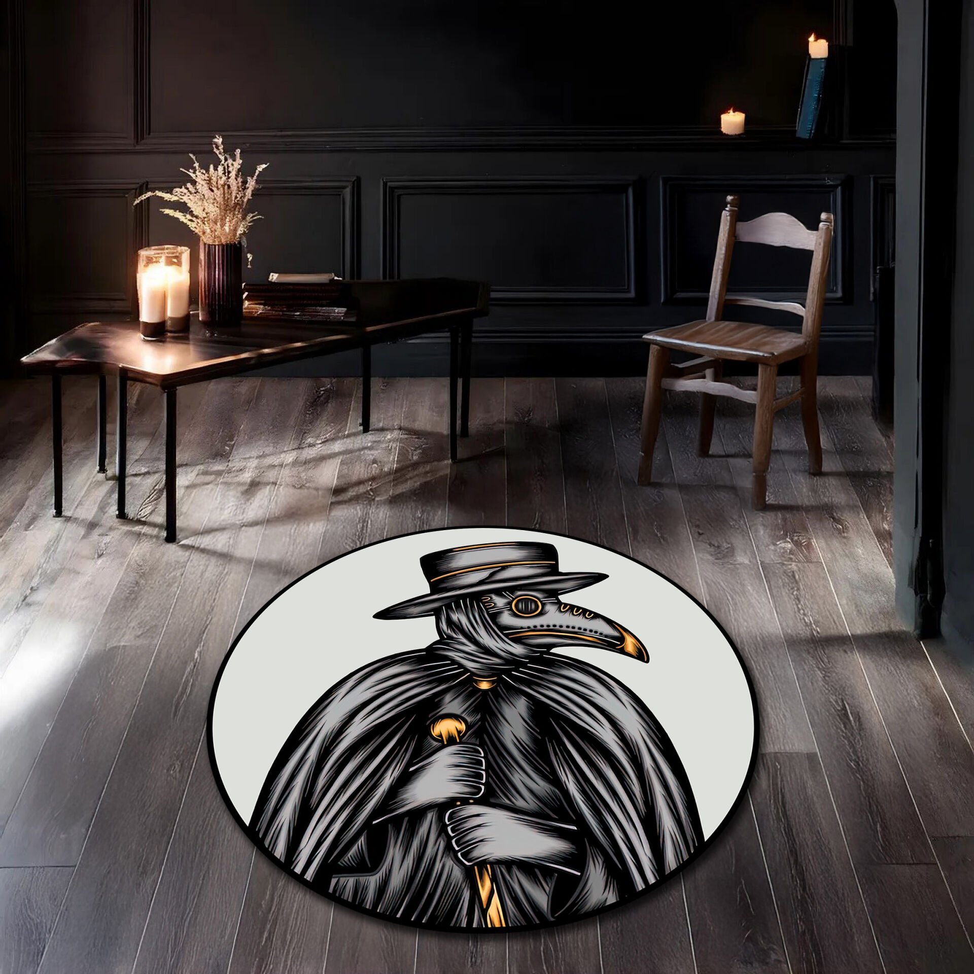 Plague Doctor Rug – Gothic Round Carpet with Dark Vintage Design