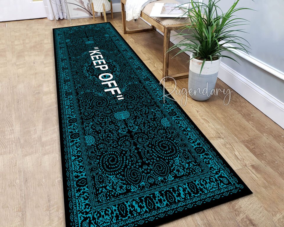 Modern Black & Teal Runner Rug with “KEEP OFF” Quote – Stylish Kitchen & Hallway Accent