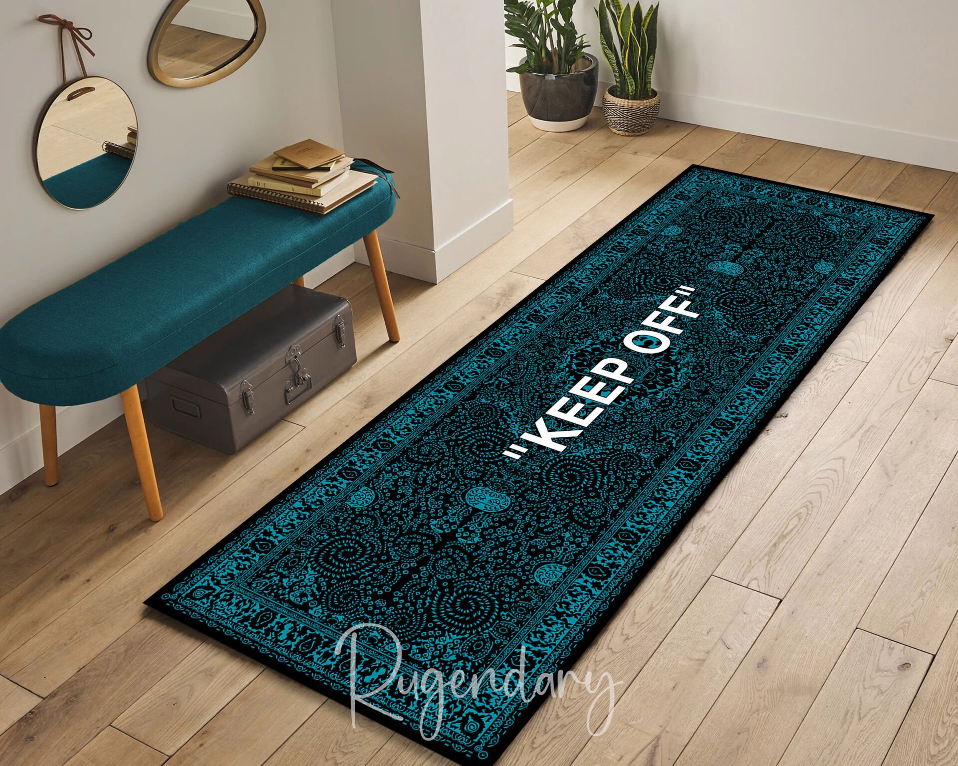 Modern Black & Teal Runner Rug with “KEEP OFF” Quote – Stylish Kitchen & Hallway Accent