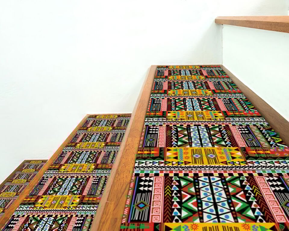 Bold Geometric Tribal Pattern Stair Treads – Colorful Ethnic Design Stair Mats