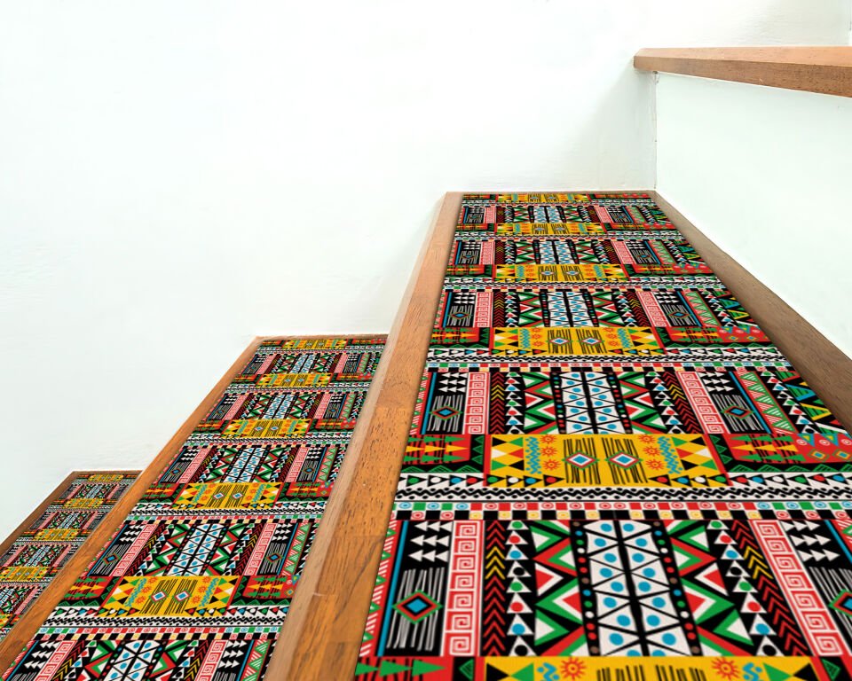 Bold Geometric Tribal Pattern Stair Treads – Colorful Ethnic Design Stair Mats