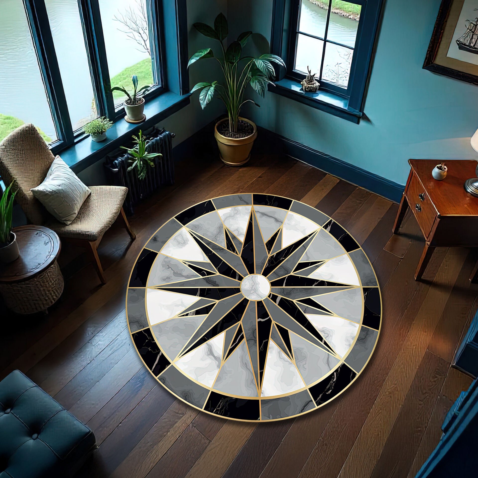 Modern Black & White Compass Rose Round Rug with Gold Accents