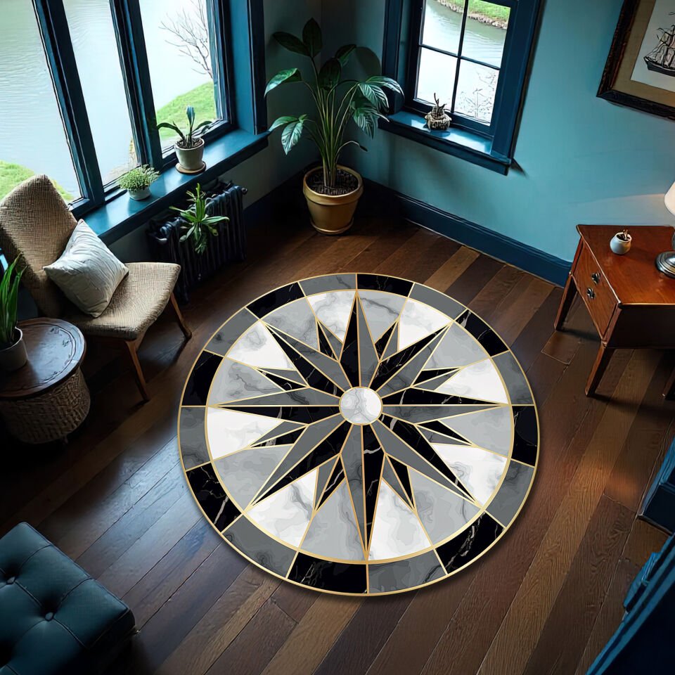 Modern Black & White Compass Rose Round Rug with Gold Accents