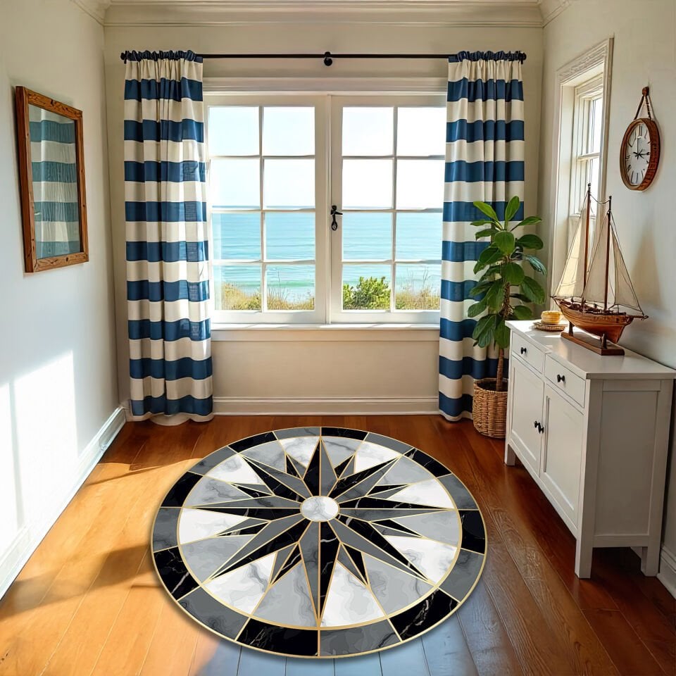 Modern Black & White Compass Rose Round Rug with Gold Accents