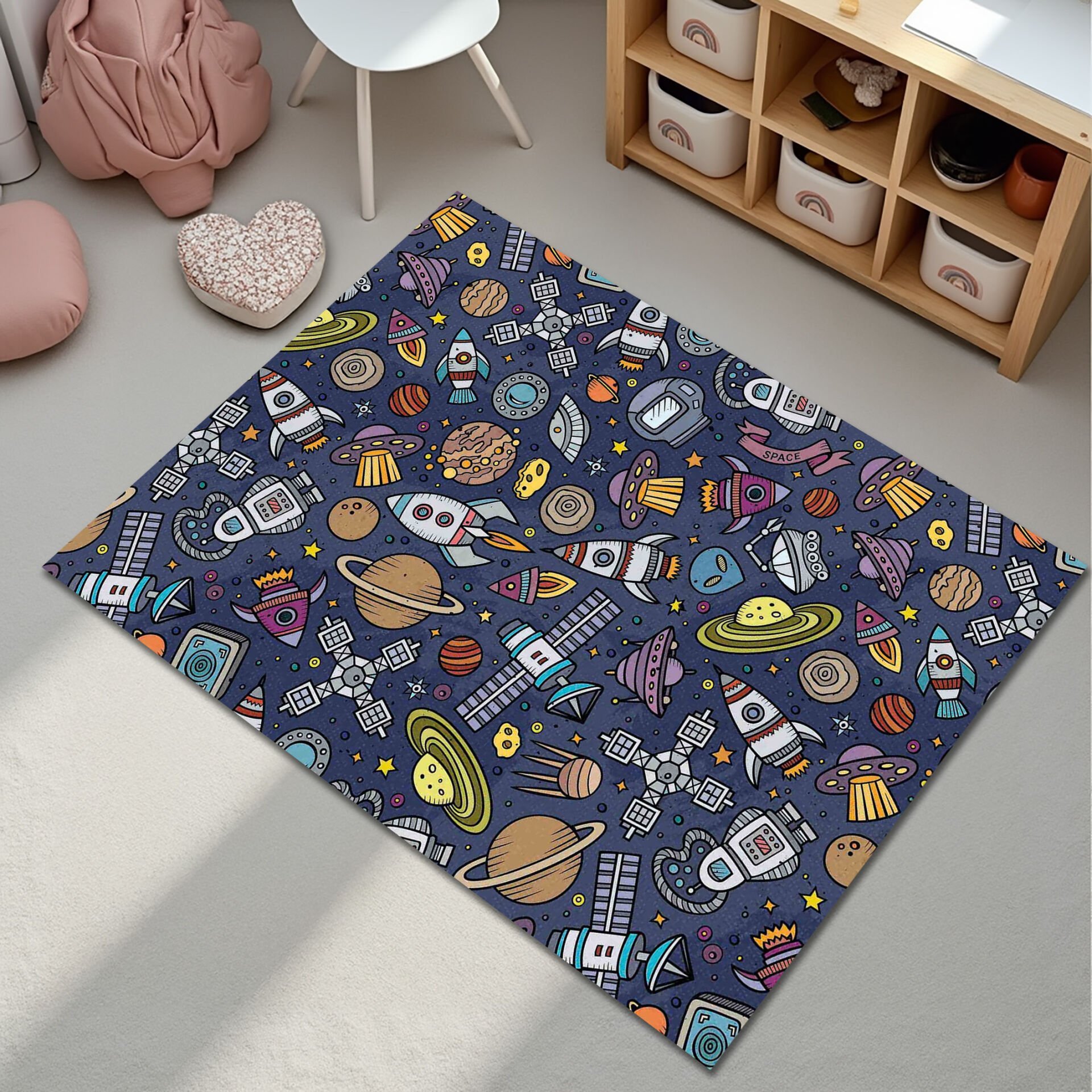 Colorful Space Exploration Kids Rug – Rockets, Planets, and Robots Design Carpet