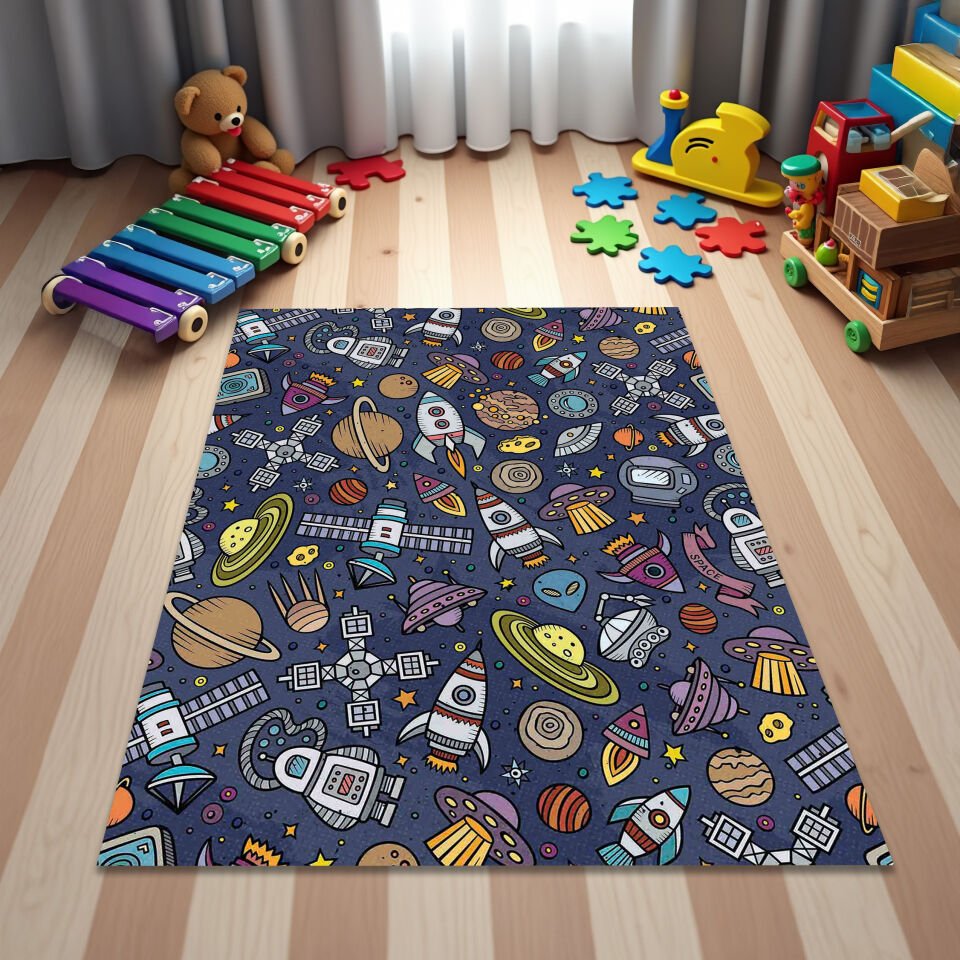 Colorful Space Exploration Kids Rug – Rockets, Planets, and Robots Design Carpet