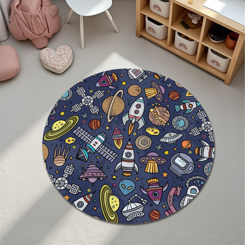 Colorful Space Exploration Kids Rug – Rockets, Planets, and Robots Design Carpet