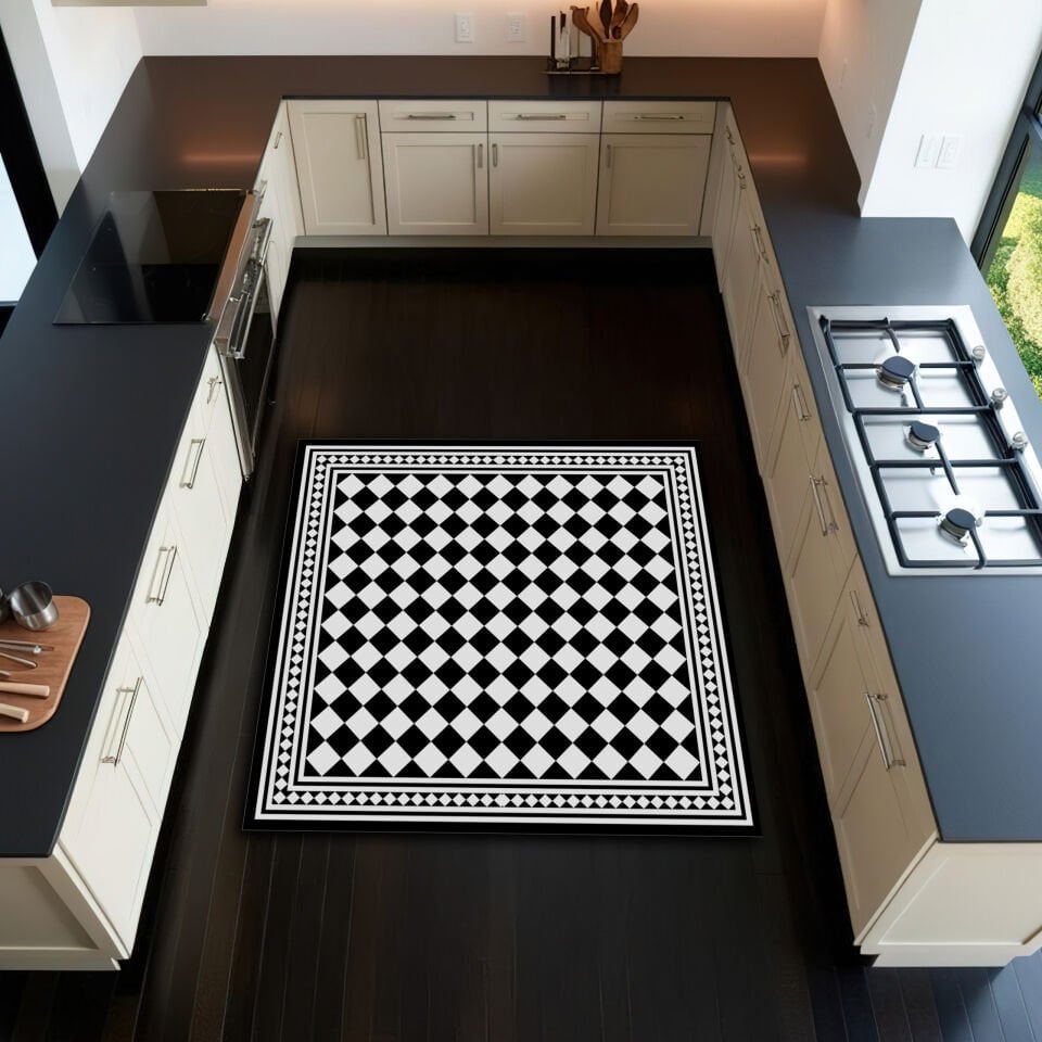 Kitchen Checkered Rug – Black Geometric Floor Mat with White Pattern