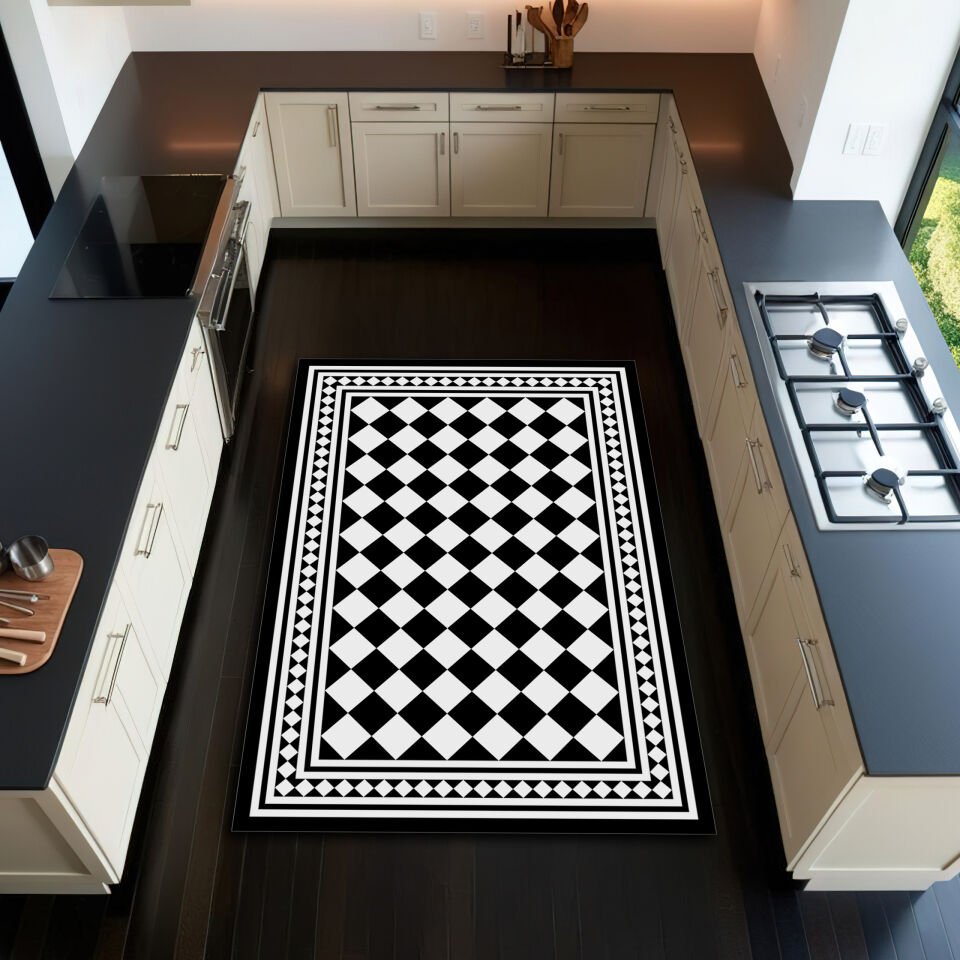 Kitchen Checkered Rug – Black Geometric Floor Mat with White Pattern
