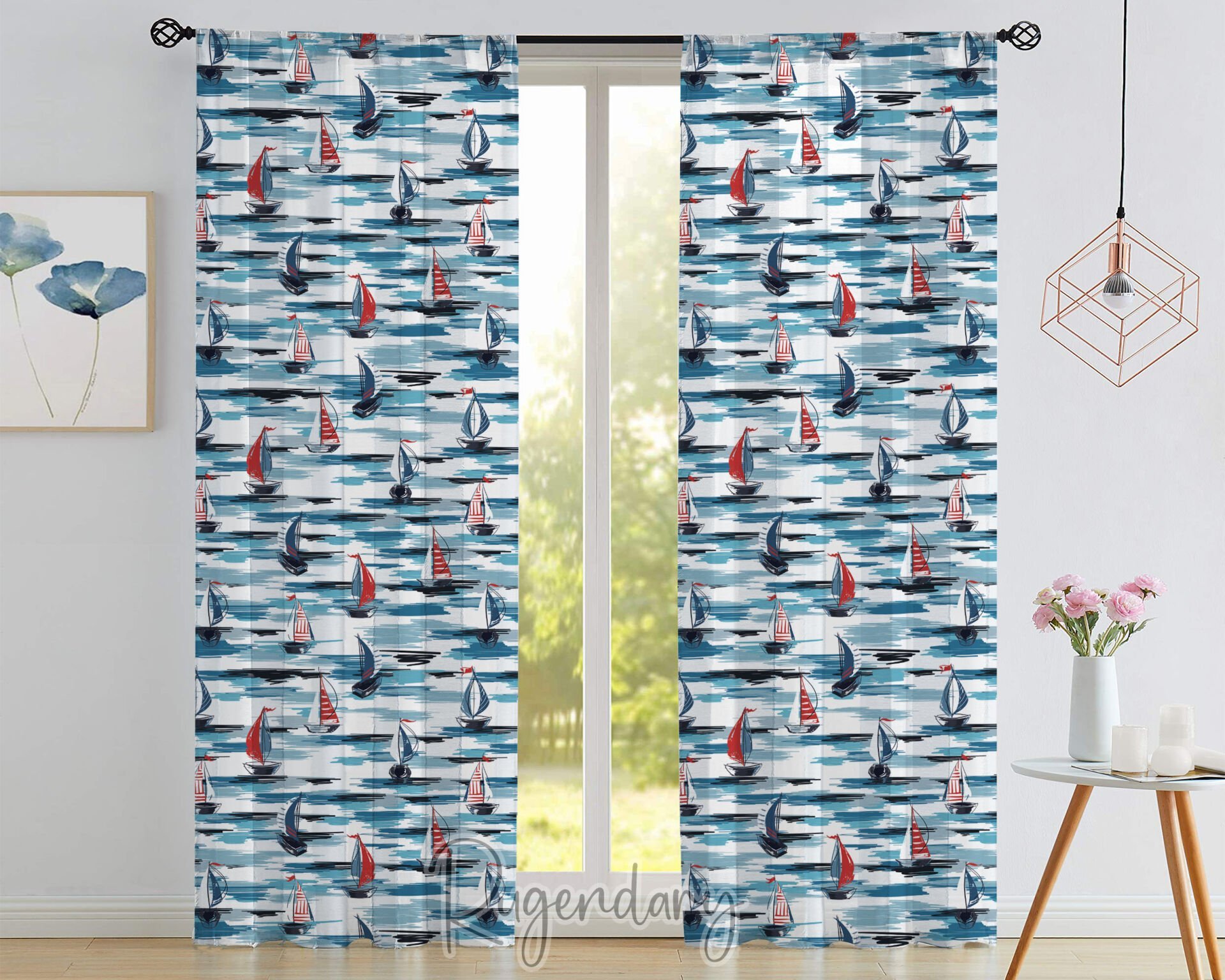 Velvet Thick Curtain with Sailboat Print – Luxury Soft Nautical Window Drapes