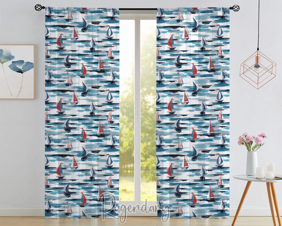 Velvet Thick Curtain with Sailboat Print – Luxury Soft Nautical Window Drapes