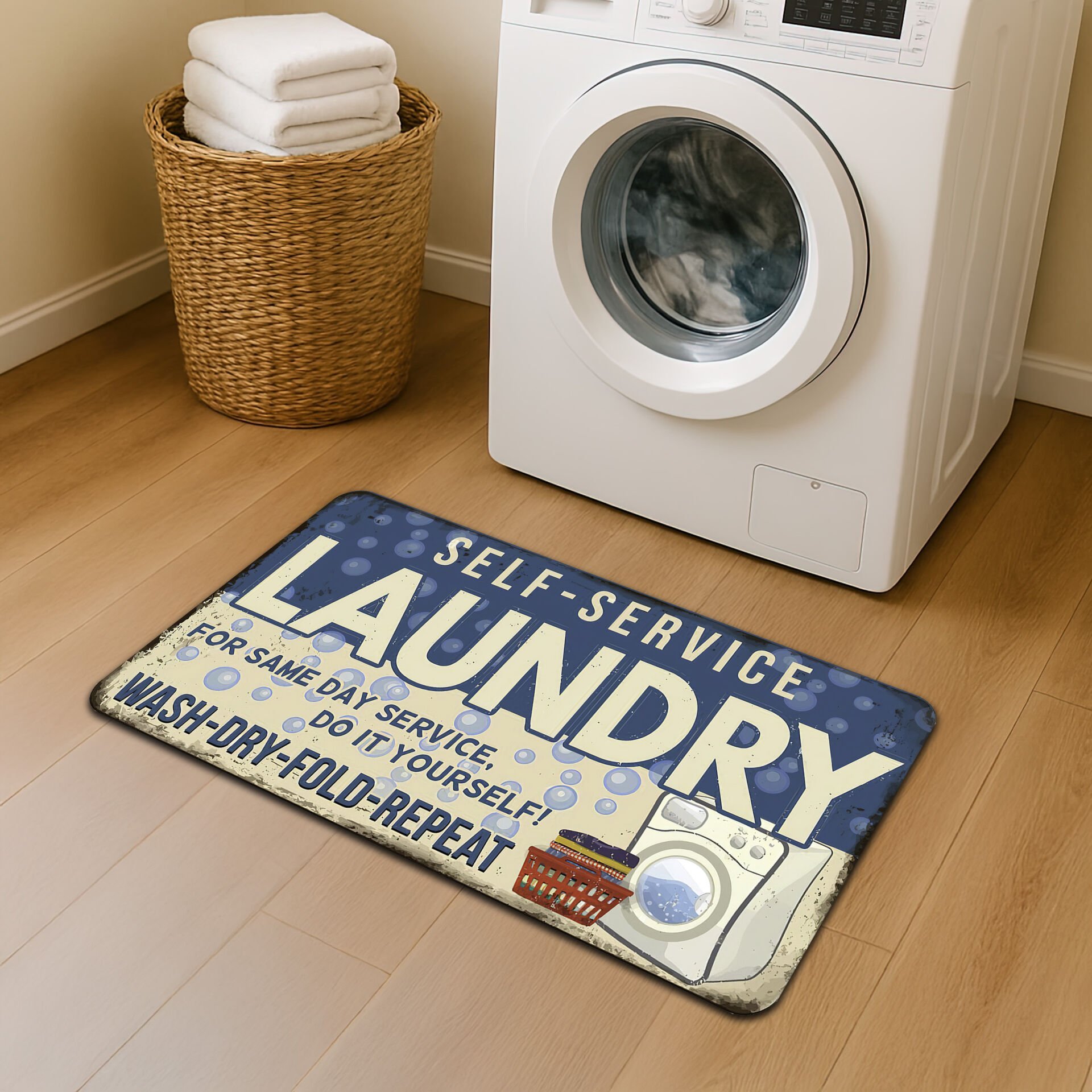 Retro Self-Service Laundry Rug, Funny & Stylish Mat for Laundry Rooms
