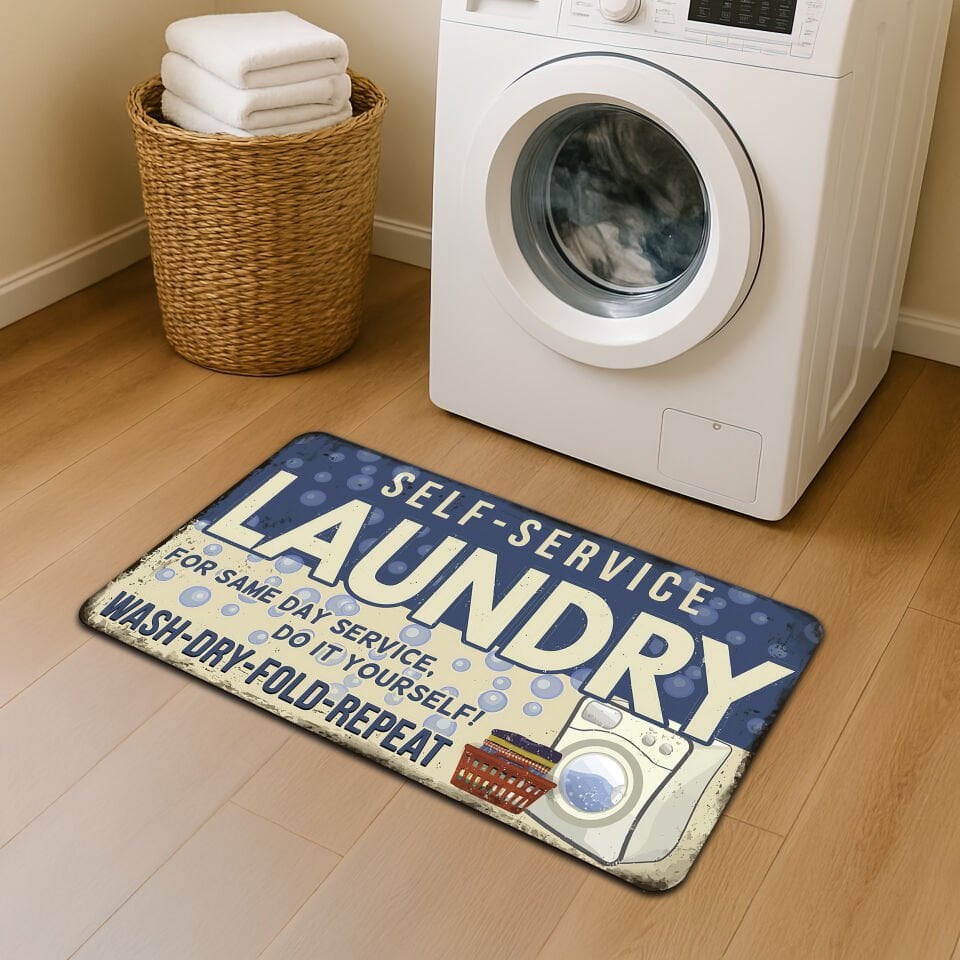 Retro Self-Service Laundry Rug, Funny & Stylish Mat for Laundry Rooms