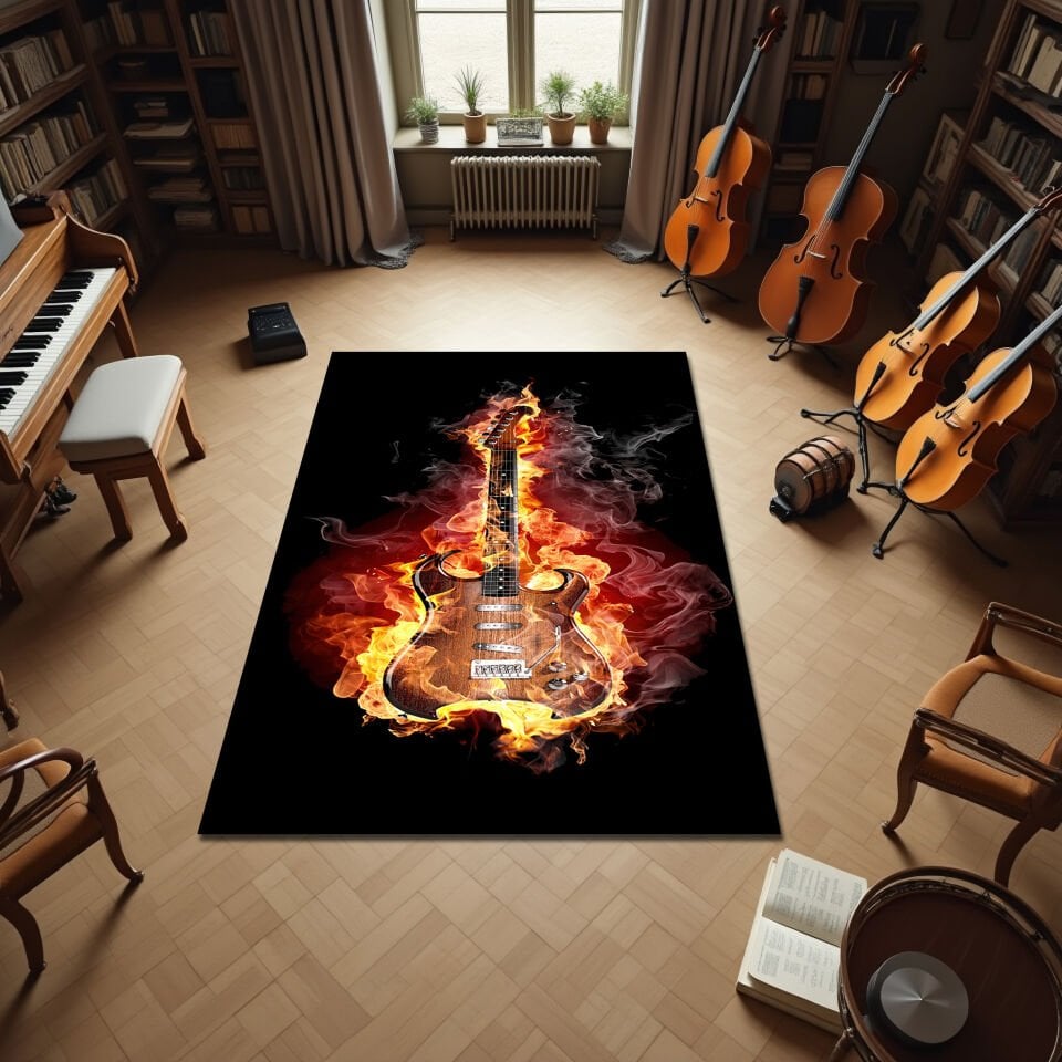 Flaming Electric Guitar Rug – Fiery Music Room Carpet for Rock Lovers