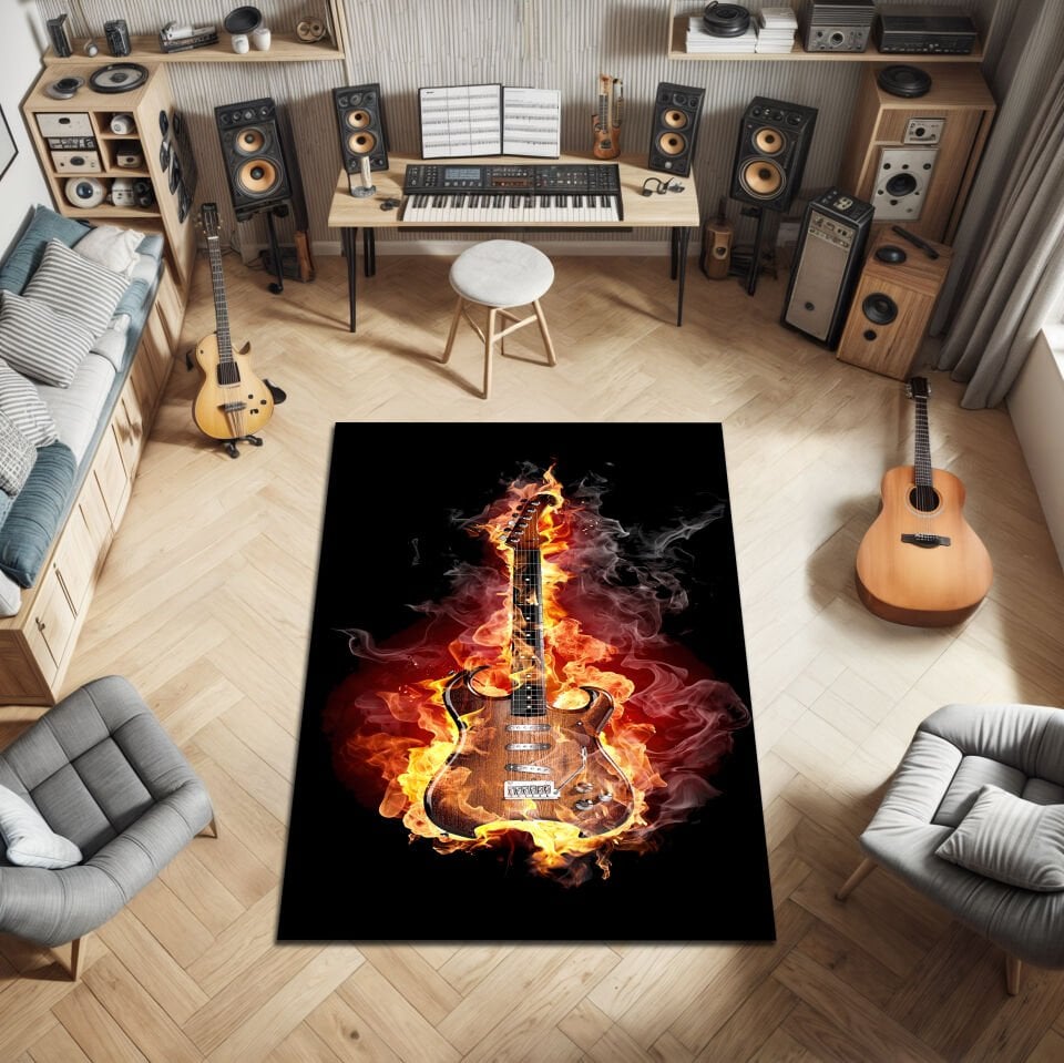 Flaming Electric Guitar Rug – Fiery Music Room Carpet for Rock Lovers