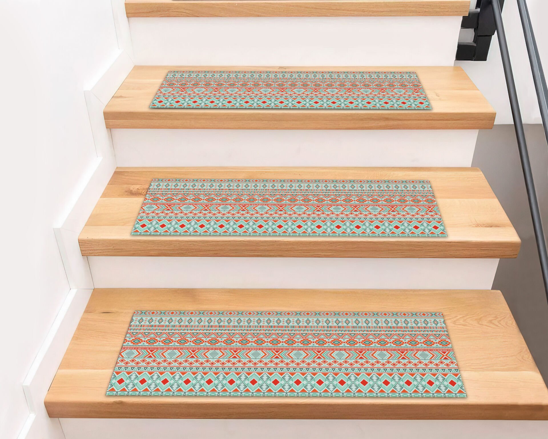 Turquoise and Orange Geometric Pattern Stair Treads – Ethnic Style Stair Mats