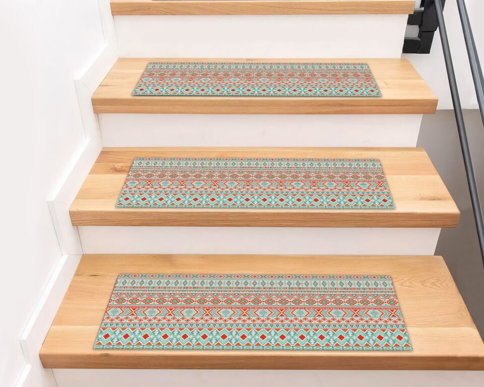 Turquoise and Orange Geometric Pattern Stair Treads – Ethnic Style Stair Mats
