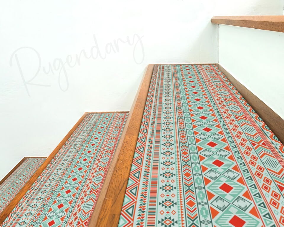 Turquoise and Orange Geometric Pattern Stair Treads – Ethnic Style Stair Mats