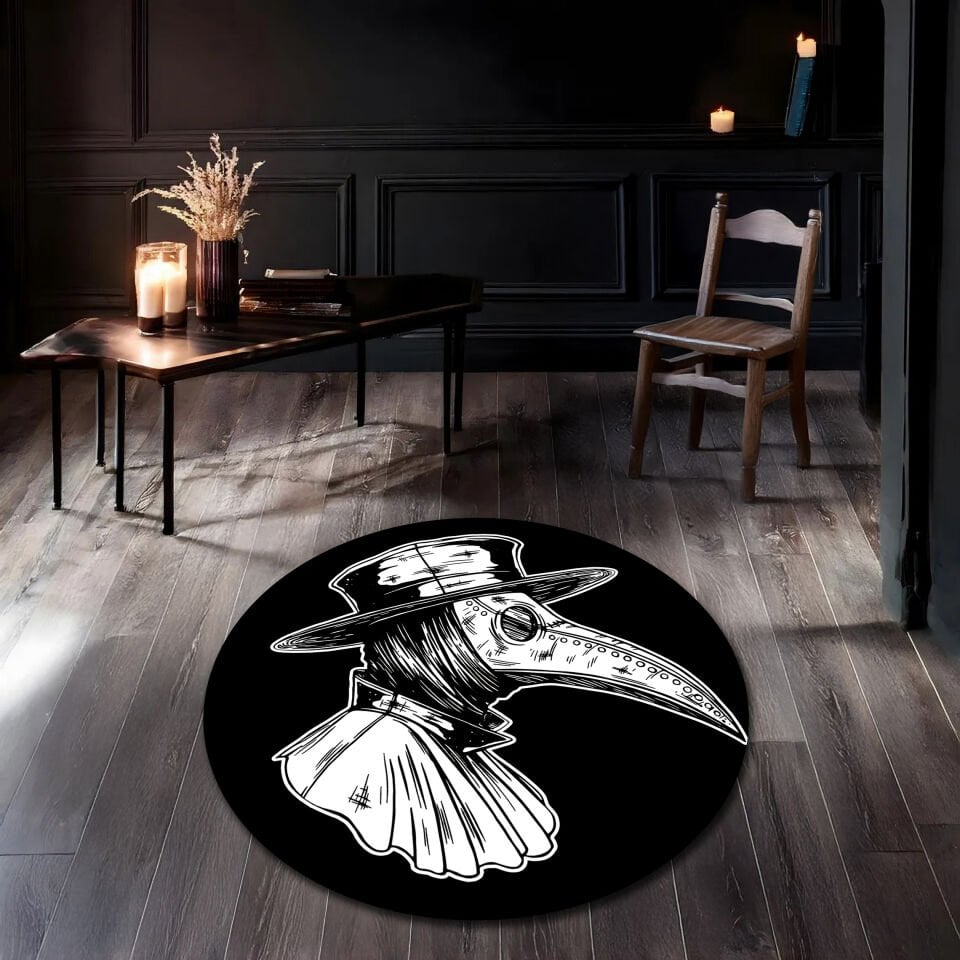Monochrome Plague Doctor Rug – Gothic Round Carpet in Black & White