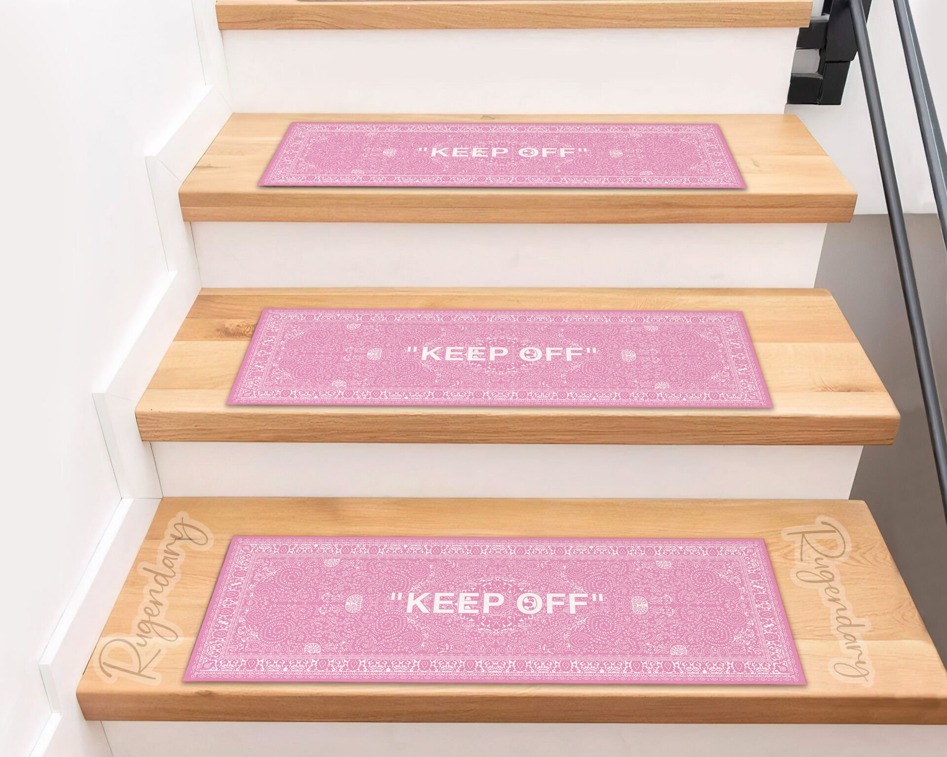 Pink & White ''KEEP OFF'' Stair Mats – Modern Non-Slip Stair Carpet Set