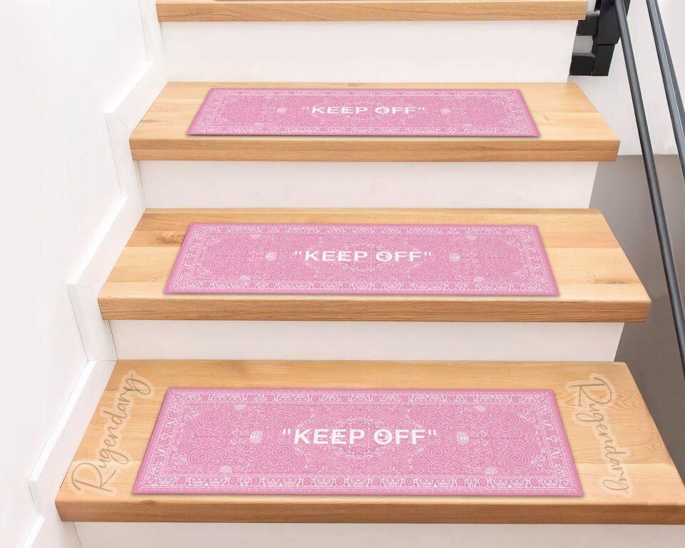 Pink & White ''KEEP OFF'' Stair Mats – Modern Non-Slip Stair Carpet Set
