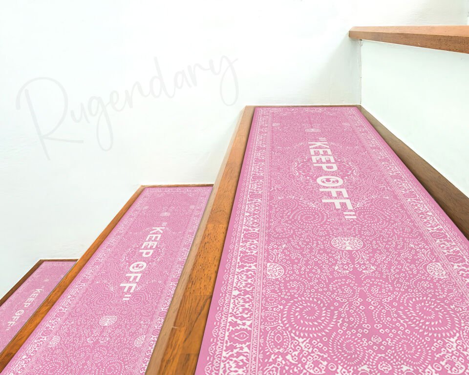 Pink & White ''KEEP OFF'' Stair Mats – Modern Non-Slip Stair Carpet Set
