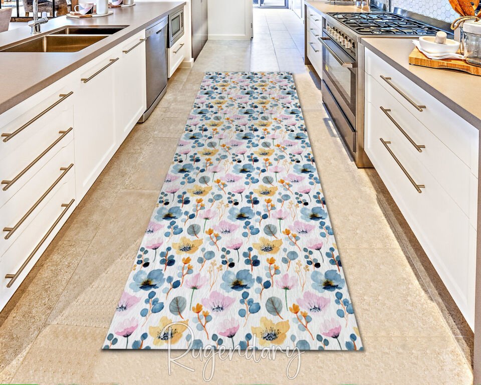Blue Floral Runner Rug – Elegant Botanical Design for Hallways & Kitchens