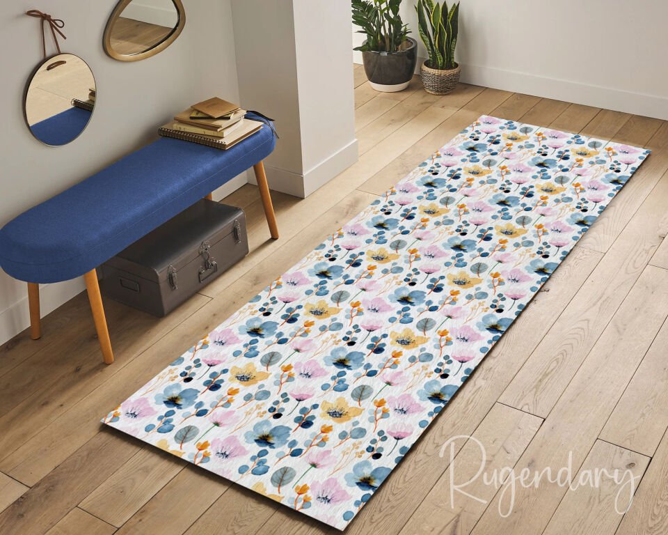 Blue Floral Runner Rug – Elegant Botanical Design for Hallways & Kitchens