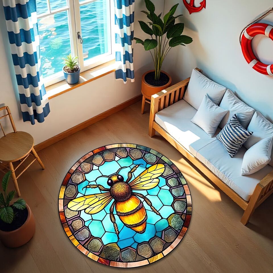 Round Stained Glass Bee Rug – Vibrant Honeybee Design Floor Mat