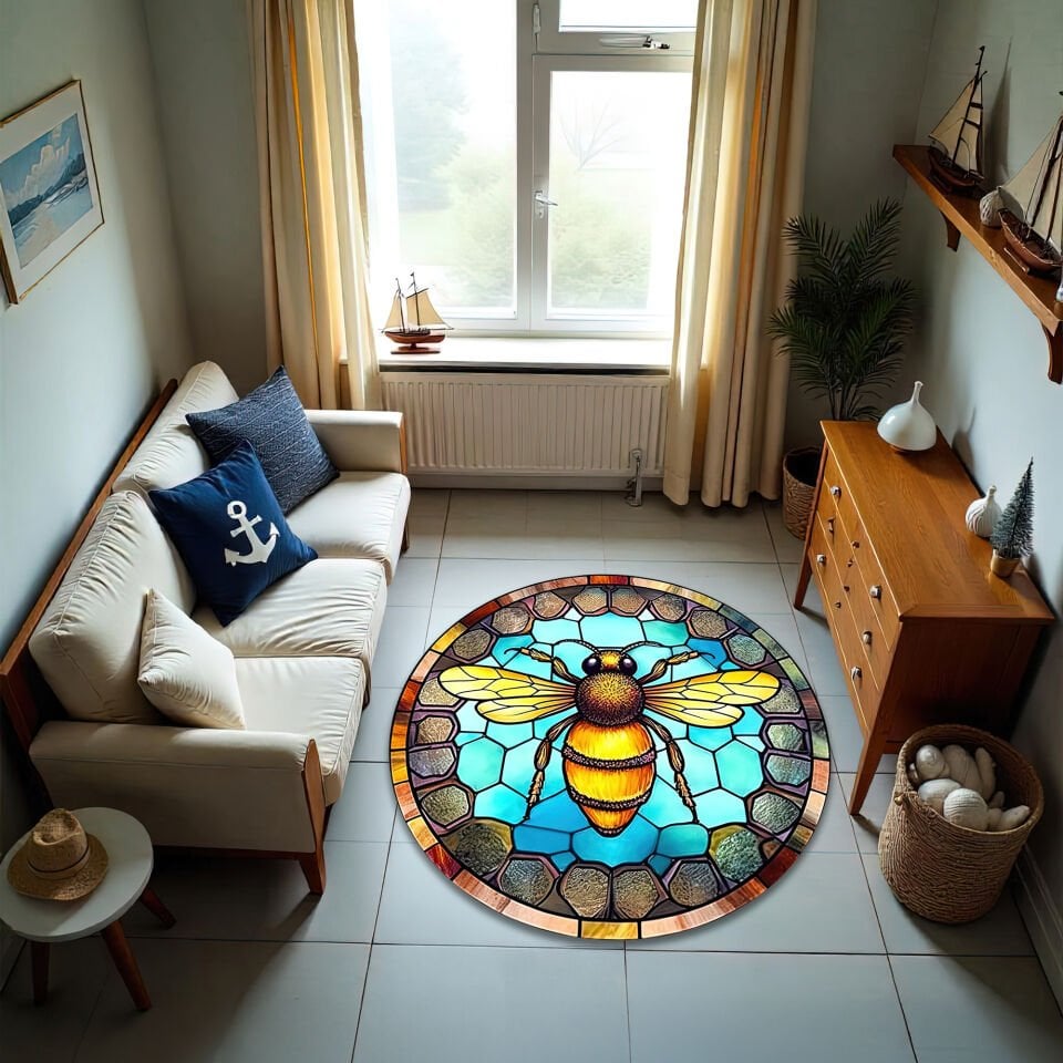 Round Stained Glass Bee Rug – Vibrant Honeybee Design Floor Mat
