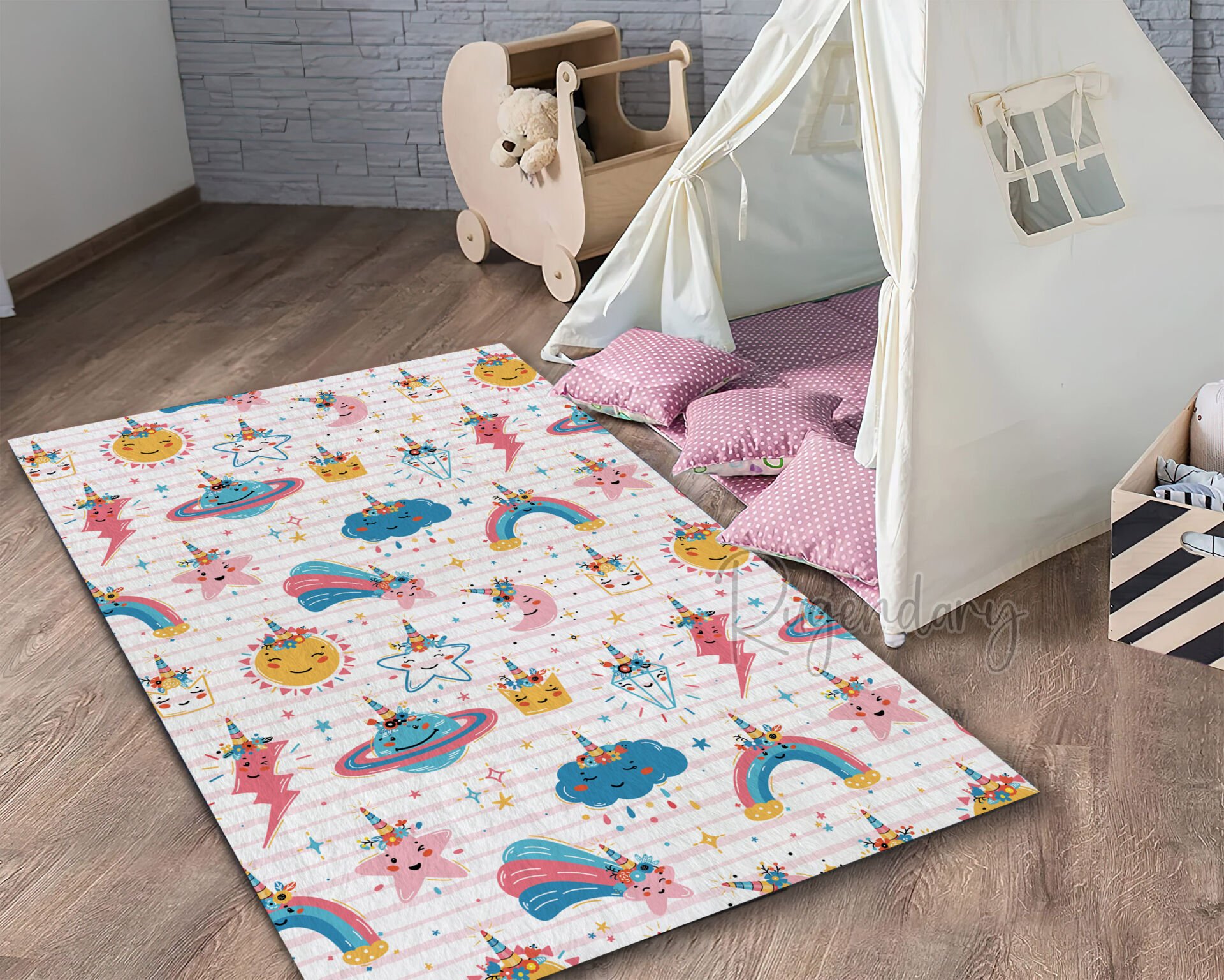 Colorful Space & Rainbow Kids Rug – Fun Cartoon Playroom Carpet