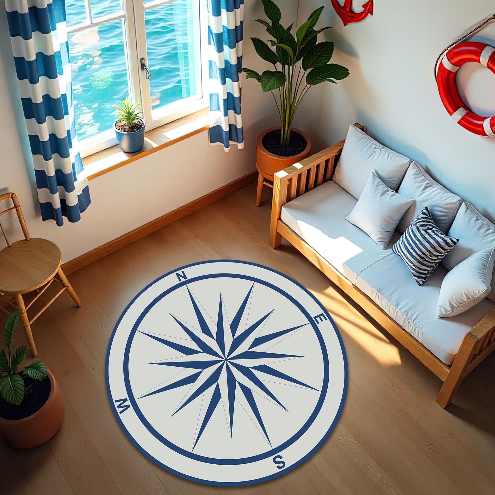Classic Blue and White Compass Rose Round Rug