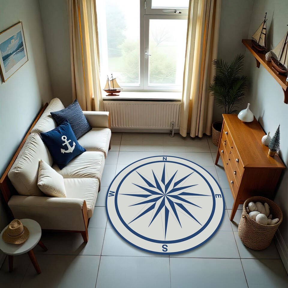 Classic Blue and White Compass Rose Round Rug