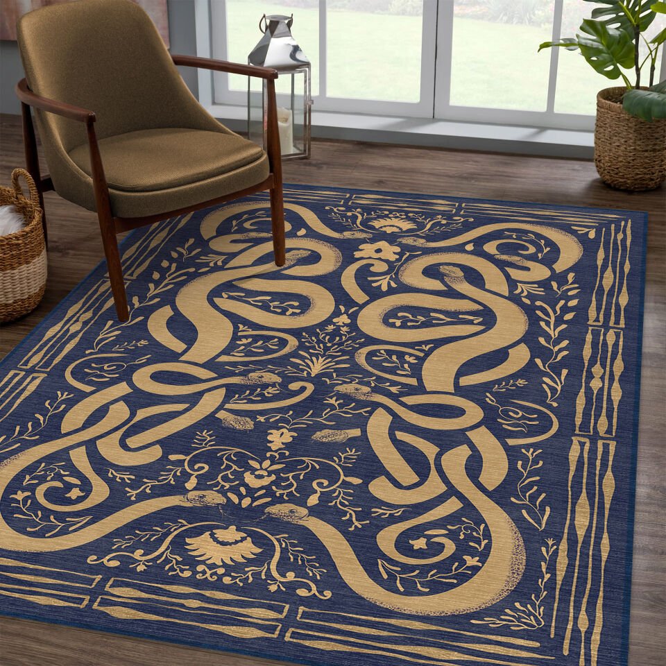 Blue Snake Motif Tribal Rug Ethnic Art Decorative Carpet
