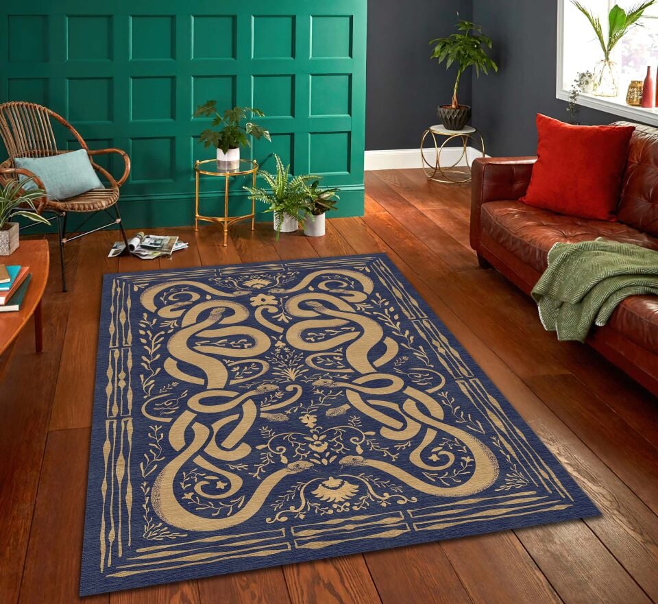Blue Snake Motif Tribal Rug Ethnic Art Decorative Carpet
