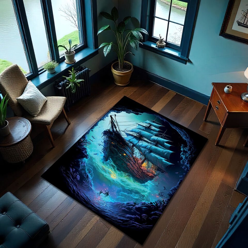 Mystic Pirate Ship Rug – Glowing Deep Sea Adventure Carpet