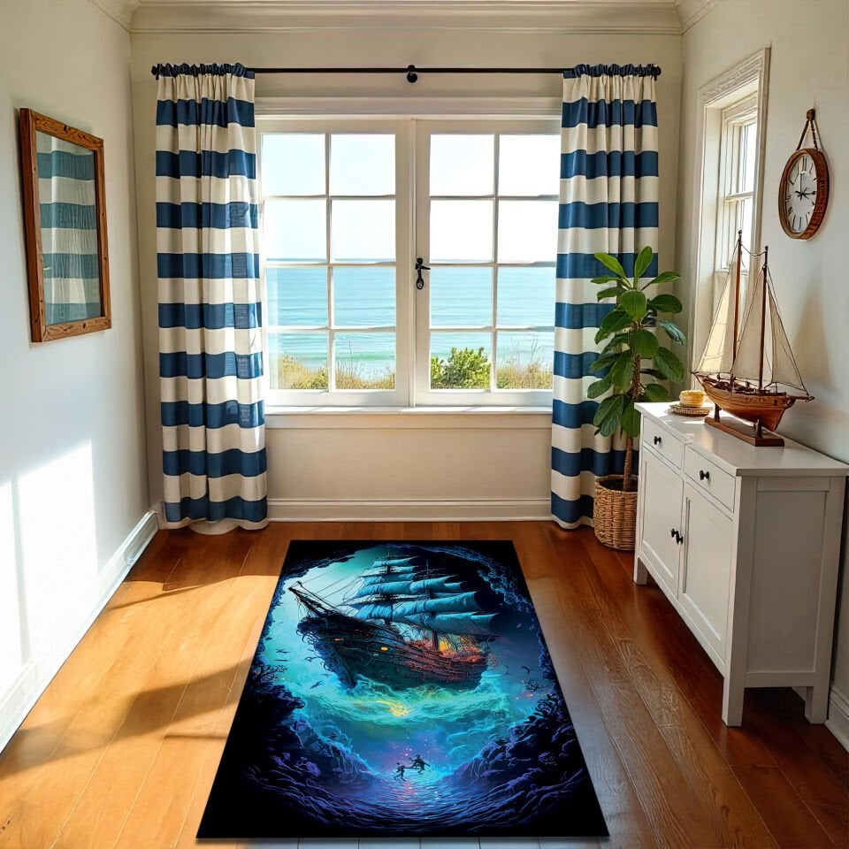 Mystic Pirate Ship Rug – Glowing Deep Sea Adventure Carpet