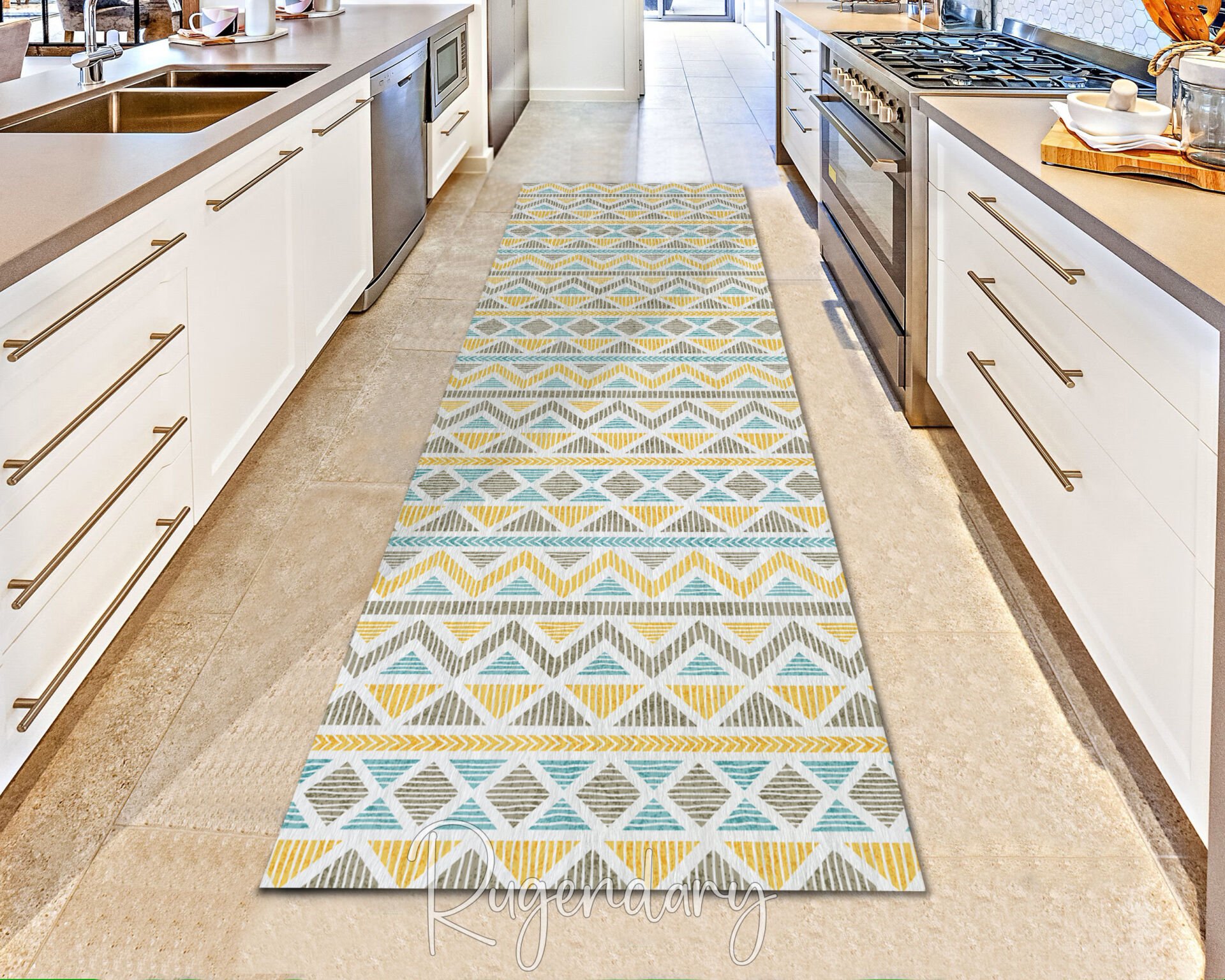 Yellow & Teal Geometric Kitchen Runner Rug – Modern Pattern Hallway Carpet