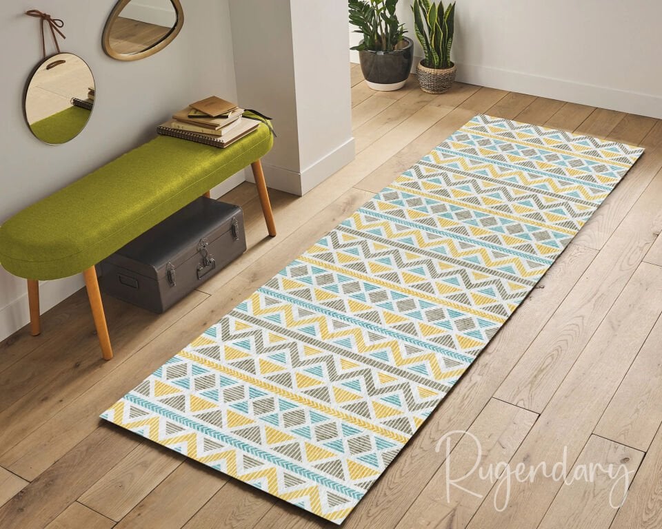 Yellow & Teal Geometric Kitchen Runner Rug – Modern Pattern Hallway Carpet