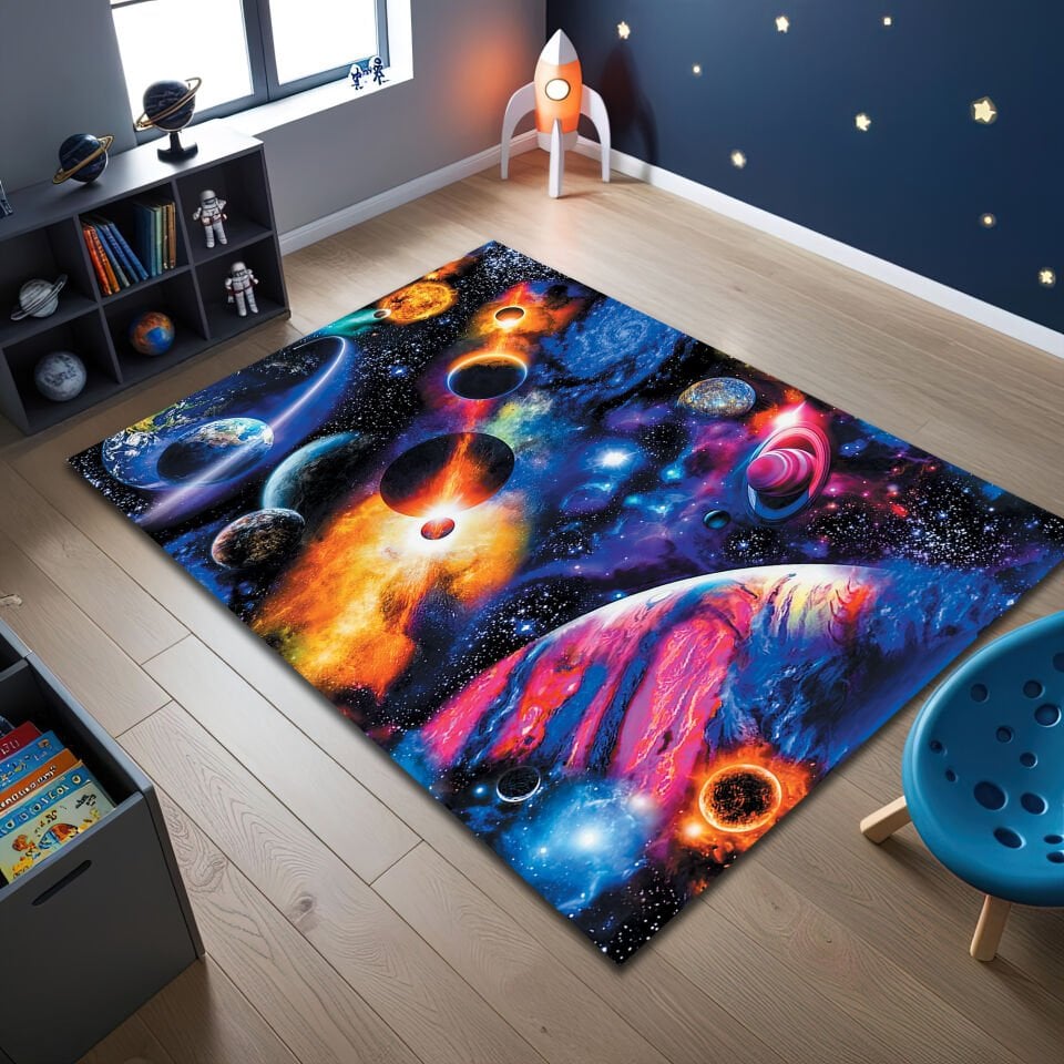 Vibrant Solar System Kids Rug – Colorful Outer Space Planets Carpet