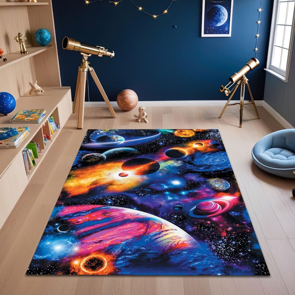 Vibrant Solar System Kids Rug – Colorful Outer Space Planets Carpet