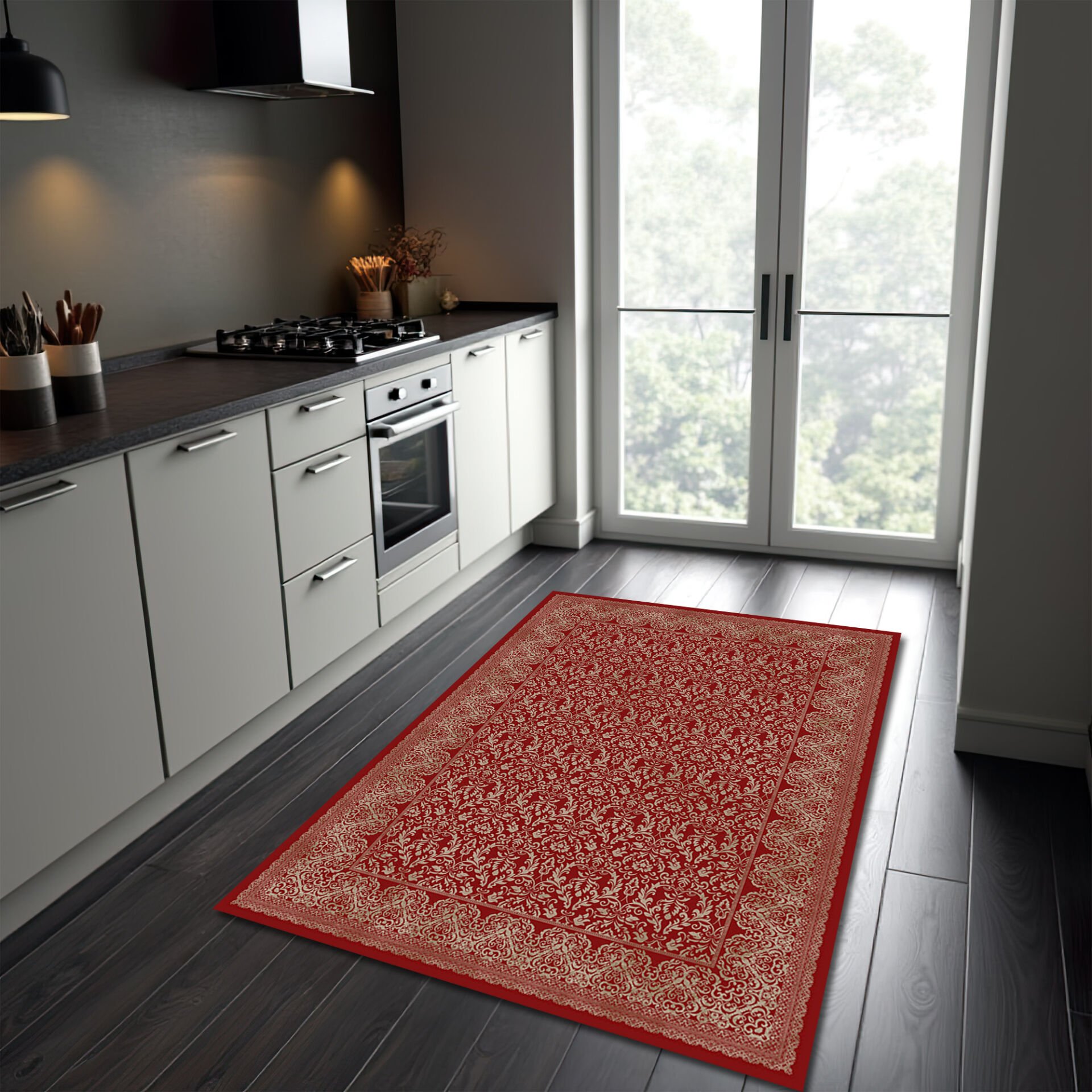 Elegant Red Rug for Modern Kitchen and Living Spaces