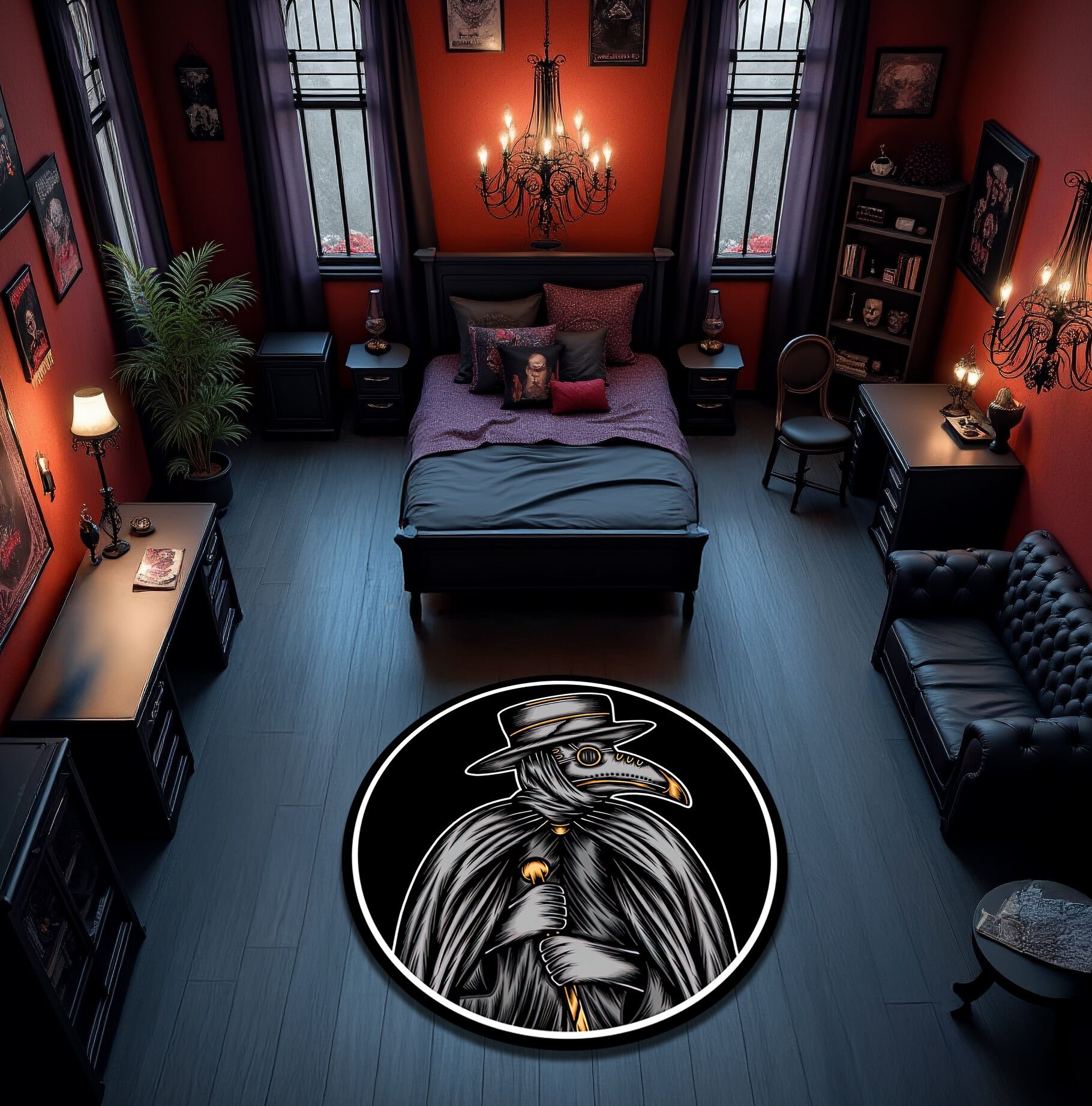 Gothic Plague Doctor Rug – Black Round Carpet with White Trim