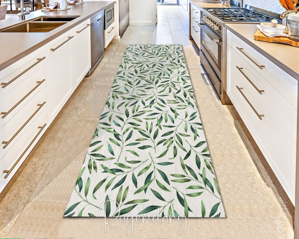 Green Leaf Runner Rug – Fresh Botanical Kitchen & Hallway Carpet