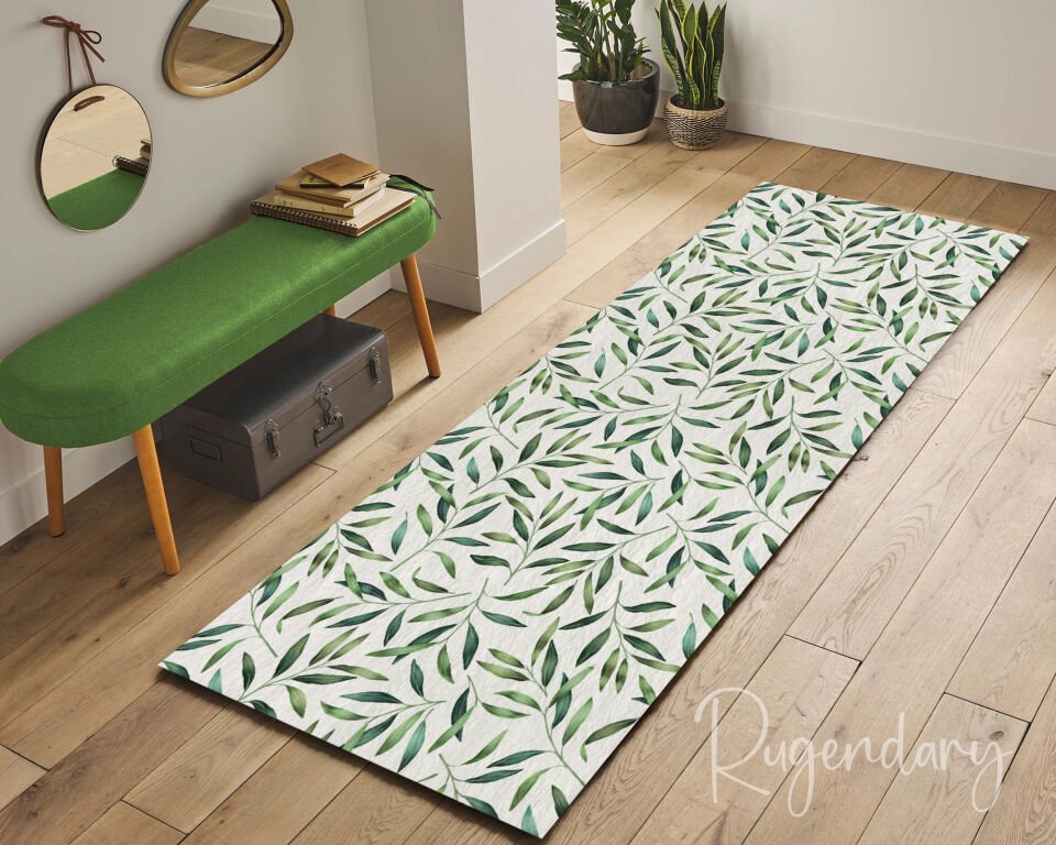 Green Leaf Runner Rug – Fresh Botanical Kitchen & Hallway Carpet