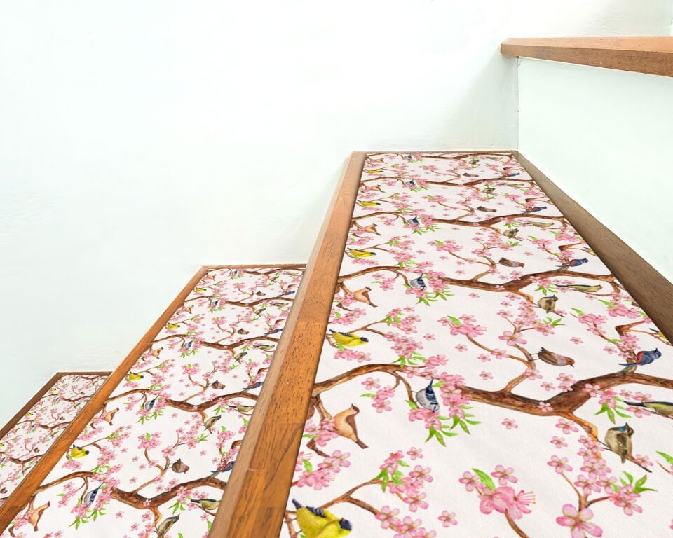 Charming Cherry Blossom & Bird Pattern Stair Treads – Elegant Floral & Wildlife Stair Mats