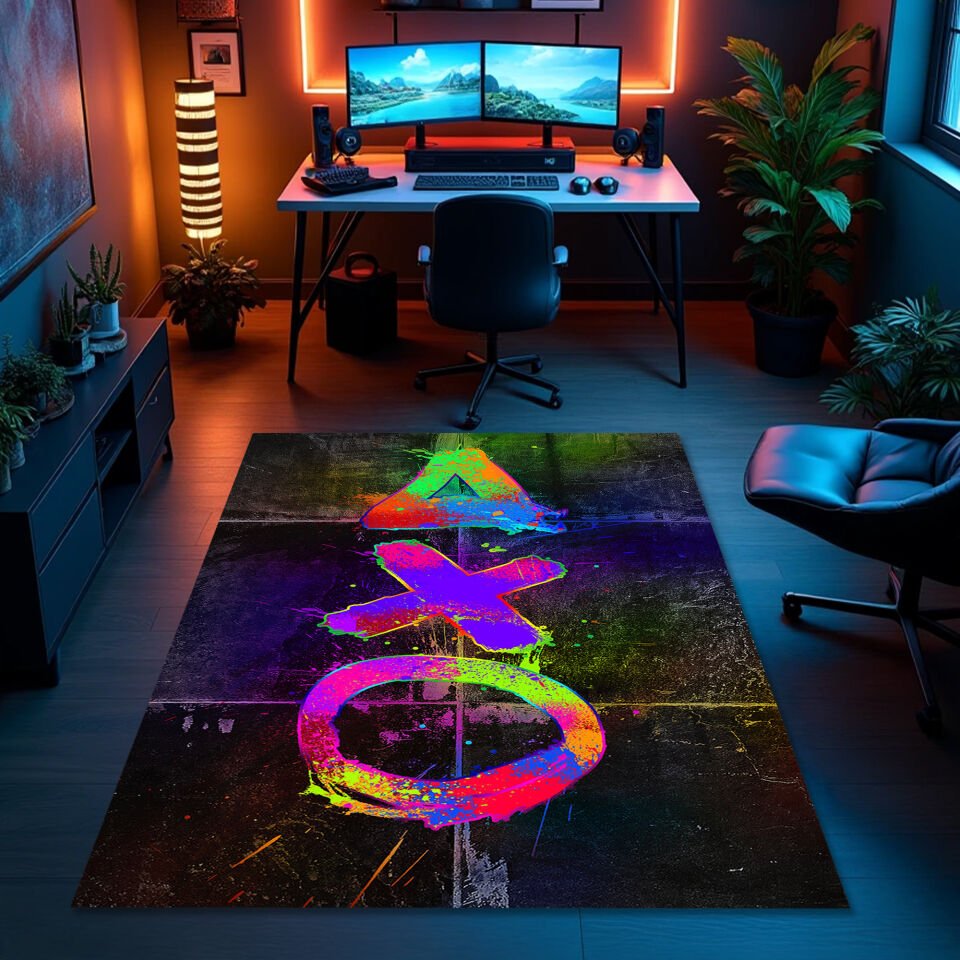 Vibrant Neon PlayStation Symbols Rug – Colorful Gamer Room Decor
